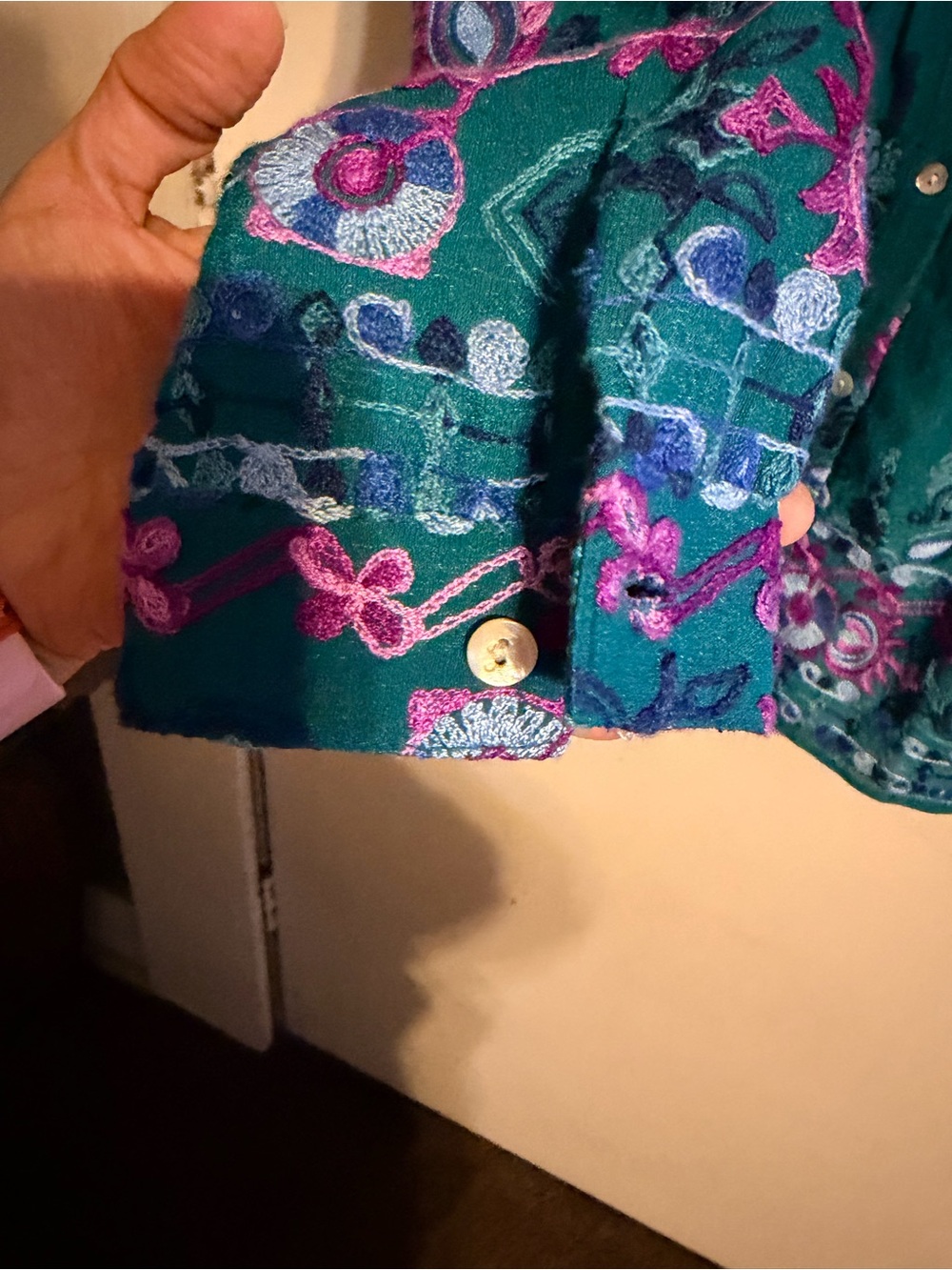 Embroidered Teal Boho Blouse S | Pintuck Top Anthropologie Style Boutique Chic - Picture 6 of 8